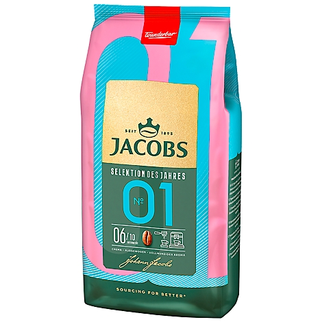 Kaffeepackung mit türkisfarbenen und rosafarbenen Details und Text. Enthält Logos und Angaben zur Produktmenge.