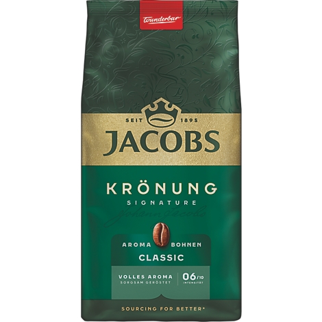 Dunkelgrüne Kaffeepackung, goldfarbener Schriftzug JACOBS, 'KRONUNG' und Textinformationen. Aufdruck: 'VOLLES AROMA'.