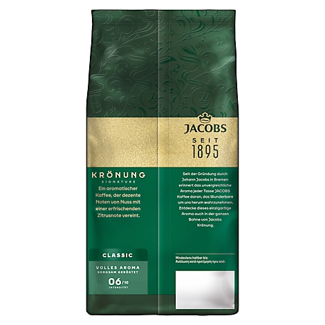 Dunkelgrüne Kaffeepackung von Jacobs, mit goldfarbenem Hintergrund und Schriftzügen. Text: Jacobs Krönung Classic, volles Aroma.