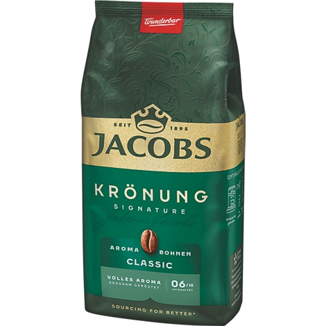 Kaffeepackung Jacobs Krönung Classic. Dunkelgrün, golden und braun, mit Schriftzügen, einer Kaffeebohne und dem Jacobs-Logo.