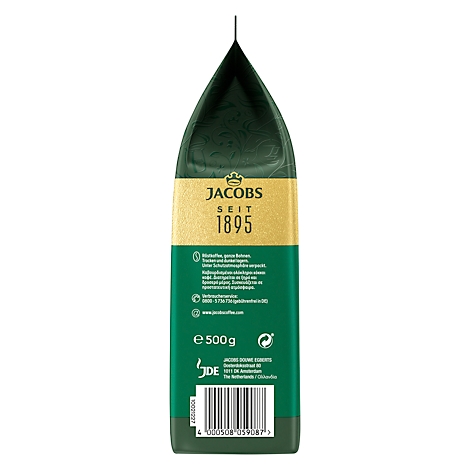 Verpackung von Jacobs Kaffee, grüne und goldfarbene Aufmachung, mit Text. 