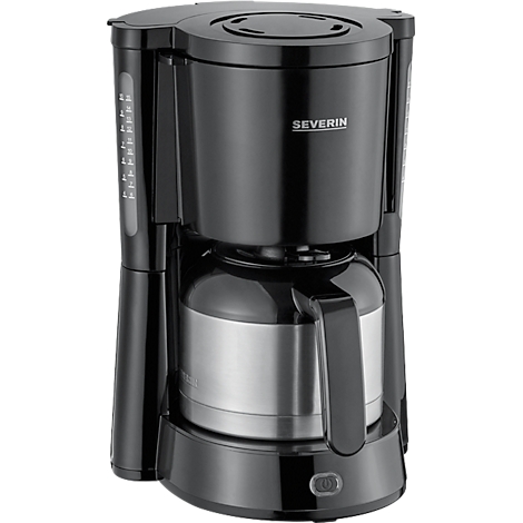 Schwarze Kaffeemaschine von Severin. Kanne mit Griff und Edelstahl Isolierung. Seitlich Wasserstandsanzeige.