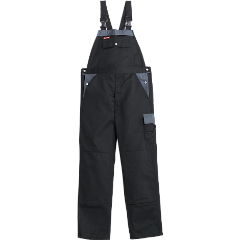 Schwarze Arbeitslatzhose mit grauen Applikationen und verstellbaren Trägern.