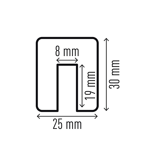 Schwarz umrissene U-förmige Grafik mit Maßangaben: 8 mm, 19 mm, 25 mm und 30 mm.