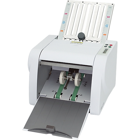 Witte papiervouwer met open lade, papiertoevoer en bedieningspaneel.