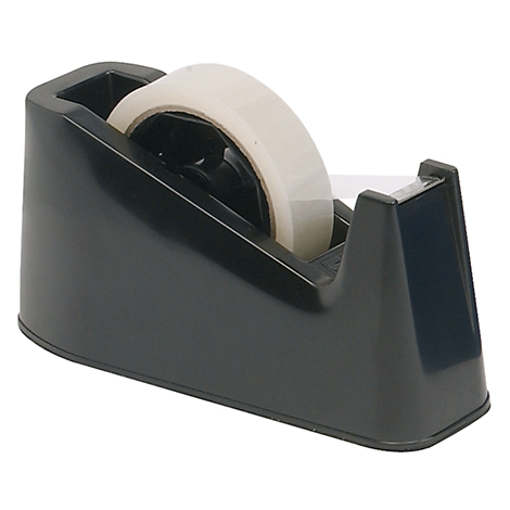 Zwarte tape dispenser met een rol doorzichtige tape.