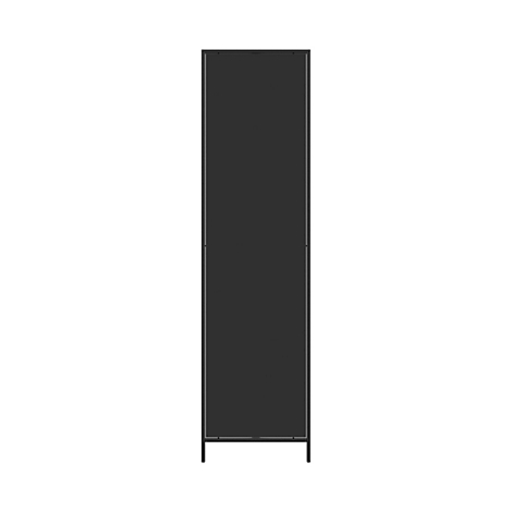 Een slanke, grijze kast staat tegen een witte achtergrond. De kast is hoog en smal, met een rechthoekige vorm en twee kleine voetjes.