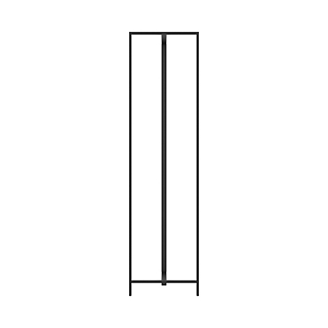 Zwart, hoog metalen frame, minimalistisch. Op een witte achtergrond.