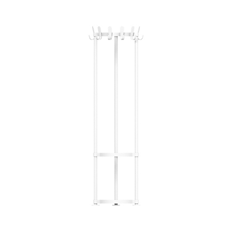 Witte, vrijstaande kapstok met haken voor jassen. Hij staat voor een witte achtergrond.
