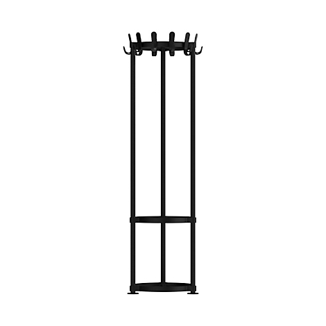 Zwarte kapstok met haken en plank op een witte achtergrond.