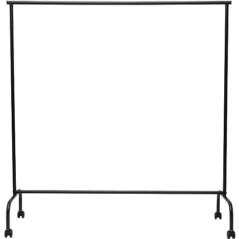 Zwarte kledingstang met wielen. Een horizontale stang wordt ondersteund door twee verticale stangen die op een lagere horizontale stang rusten.