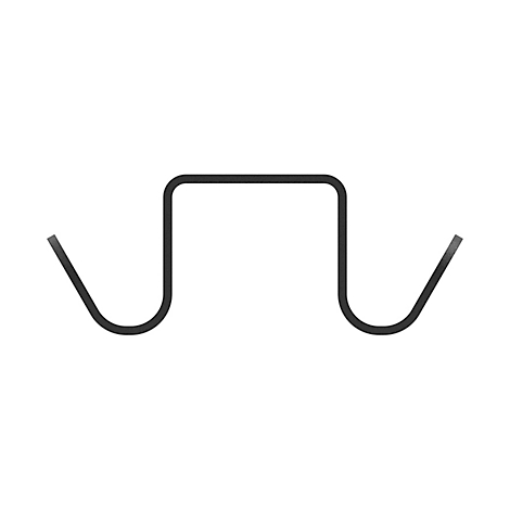 Donkergrijze metalen klem, U-vormig met schuine uiteinden.