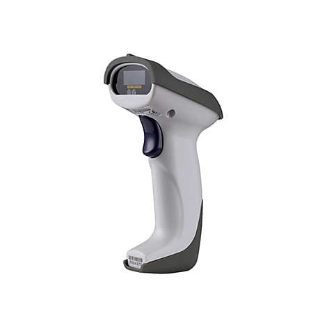 Handlicher Barcodescanner in Weiß und Grau, auf weißem Grund. Auf der Oberseite befindet sich ein kleines Fenster mit Text.