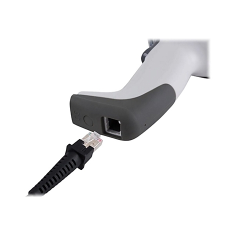 Nahaufnahme eines Barcode-Scanners, der mit einem Netzwerkkabel verbunden wird. Der Scanner ist weiß und grau. Das Kabel hat einen RJ45-Stecker.