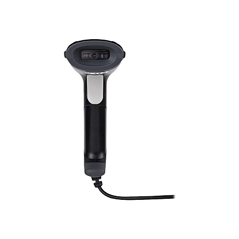 Ein schwarzer Barcodescanner, der auf weißem Hintergrund vor einer Kamera liegt. Der Scanner hat einen grauen Kopf, einen weißen Knopf und ein schwarzes Kabel.