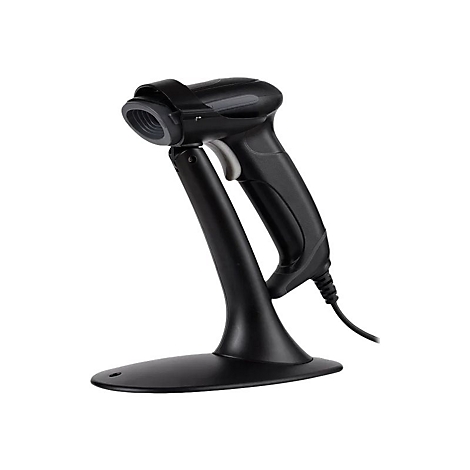 Schwarzer Barcode-Scanner auf einem Ständer. Der Scanner wird durch ein Kabel mit Strom versorgt.