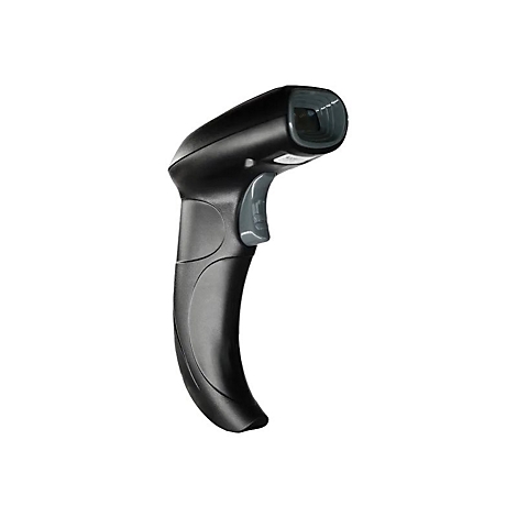 Schwarzer Barcode-Scanner vor weißem Hintergrund. Der Griff hat eine graue Taste.