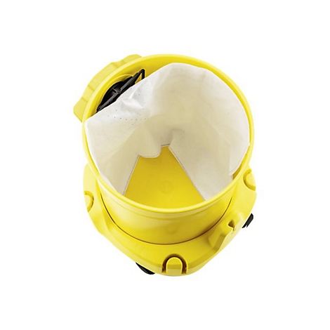 Gelber Staubsauger von oben; ein weißer Filterbeutel ist sichtbar.