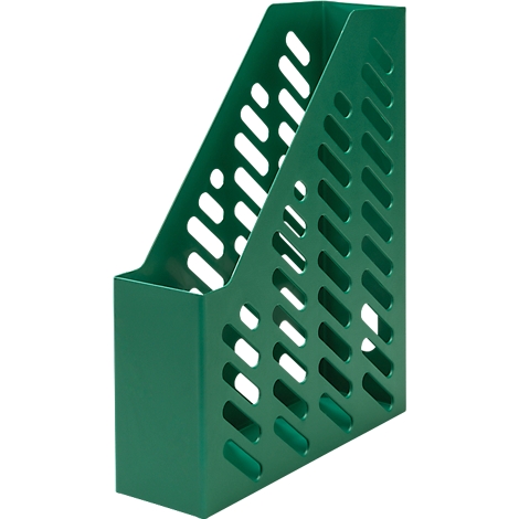 Green magazine rack with angled slits and a square shape.
