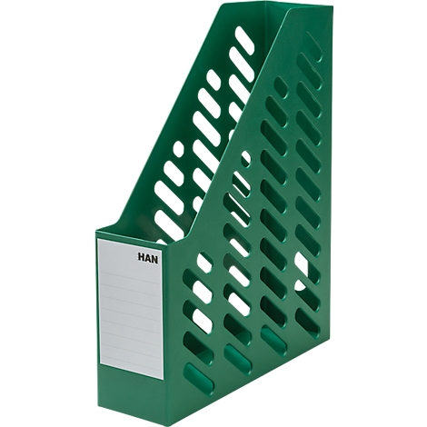 Green magazine holder with holes. Sticker with the word HAN.