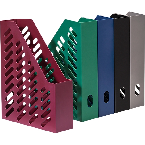 Five different colored magazine holders side by side. Each has holes and an open side.
