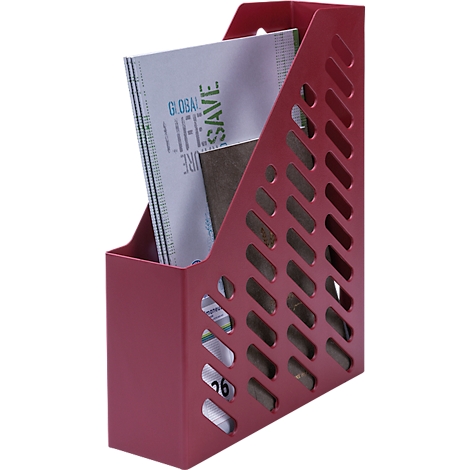 Red file holder with diagonal openings, filled with papers and brochures. Inscription: GLOBAL, LIFE, SAVE.