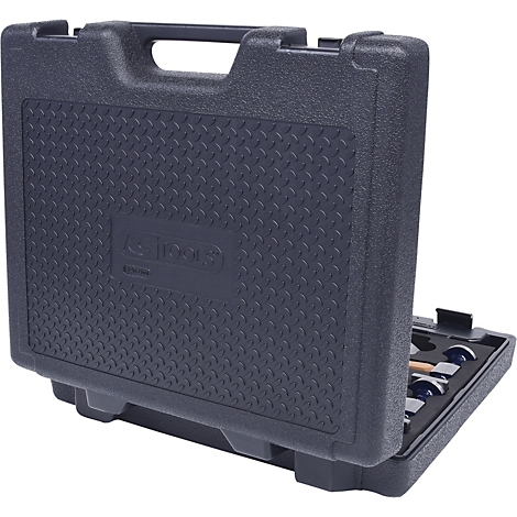 Dunkelblaue Werkzeugkiste, teilweise geöffnet, mit geprägtem Muster, Werkzeuge im Inneren.