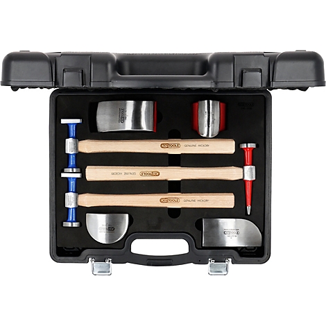 Werkzeugkoffer mit verschiedenen Werkzeugen, darunter Hämmer und Metallwerkzeuge.