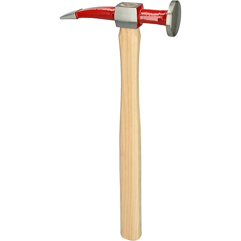 Ein Metallhammer mit rotem Kopf und Holzgriff. Der Hammer hat eine spitze und eine runde Seite.
