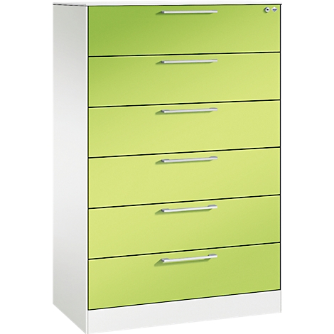 Ein grüner Aktenschrank mit sechs Schubladen. Die Griffe sind silberfarben, die Seiten weiß.