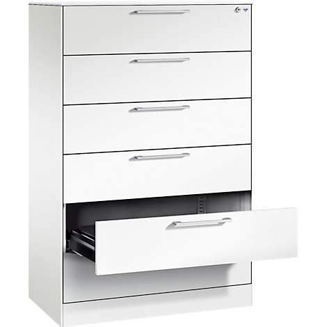 Weißer Aktenschrank mit 5 Schubladen, eine davon geöffnet.