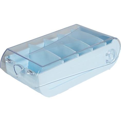 Boîte à bijoux bleu clair avec couvercle transparent, rectangulaire, avec compartiments.