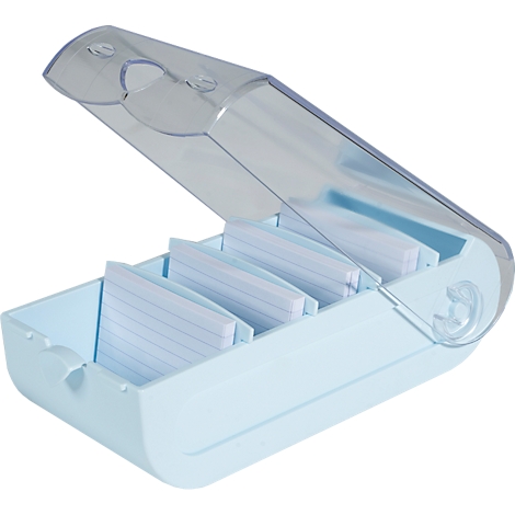 Étui à cartes bleu clair avec couvercle transparent, rempli de cartes de notes lignées.