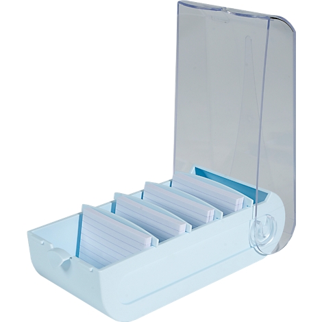 Boîte de fiches bleu clair avec couvercle transparent, remplie de fiches avec un motif ligné bleu.