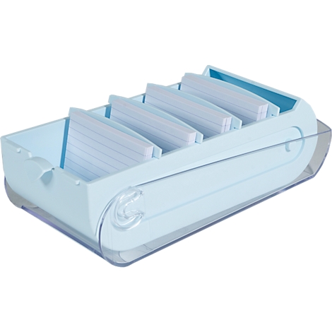 Accessoire de bureau bleu clair contenant des fiches cartonnées, organisées en compartiments, dans un support transparent.