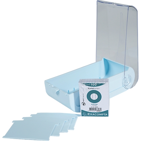 Boîte de fiches bleu clair avec couvercle, paquet de fiches et séparateurs.