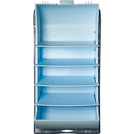 Étagère bleu clair avec 5 niveaux et une forme rectangulaire. Le corps a une bordure grise.