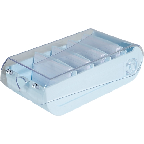 Boîte bleu clair avec couvercle transparent, divisée en compartiments, probablement pour le stockage.