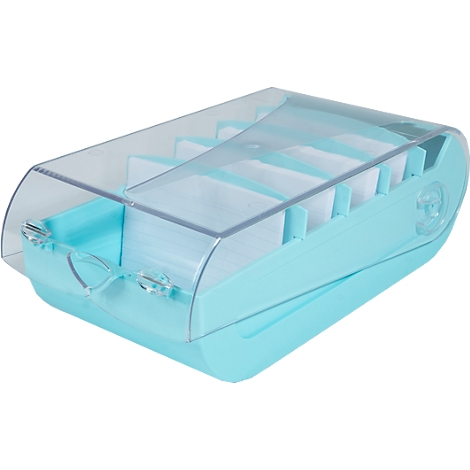 Récipient de rangement rectangulaire bleu clair avec un couvercle transparent. Intérieur divisé en compartiments.