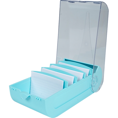 Boîte de fiches bleu clair avec un couvercle transparent ouvert, remplie de fiches lignées.