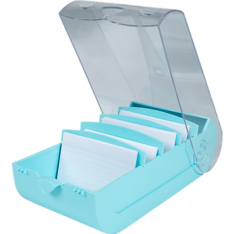 Boîte à fiches bleu turquoise avec un couvercle transparent, remplie de fiches lignées. Couvercle à moitié ouvert.