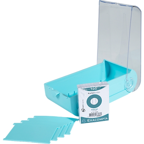 Système de fiches bleu clair avec couvercle transparent, fiches et séparateurs.