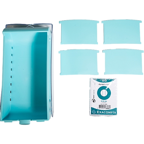 Classeur bleu clair avec fiches et cartes. L'empreinte 'EXACOMPTA' est visible.
