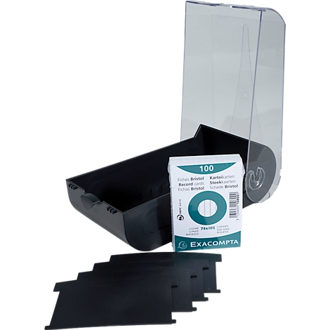 Boîte à cartes noire avec couvercle transparent, un paquet de cartes et des registres noirs.