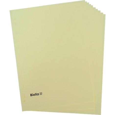 Hellgelbe Papierblätter, mit dem Markennamen Biella.