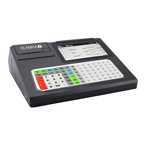 Donkergrijs Olympia-apparaat met knoppen, touchscreen en "OLYMPIA" opschrift.