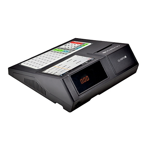 Zwarte kassa met touchscreen, toetsenbord en lade. Opschrift "OLYMPIA".