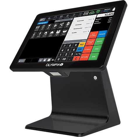 Een zwart kassasysteem, Olympia-logo, touchscreen met productafbeeldingen, knoppen en prijsinformatie. Het scherm is iets gekanteld.