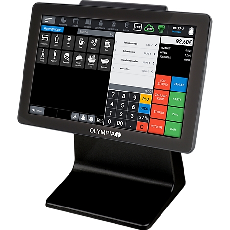 Zwart kassasysteem, Olympia-logo, touchscreen met product- en nummerweergave.