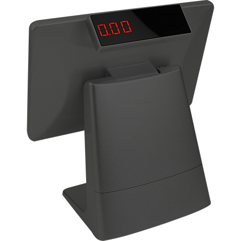 Zwart kassasysteem, display met weergave 0.00. Het apparaat staat op een voet.